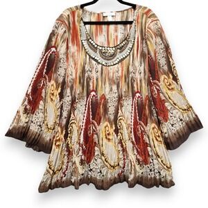 Dressbarn Top Womens 3X Paisley Embellished Crinkle Texture‎ Lightweight Boho